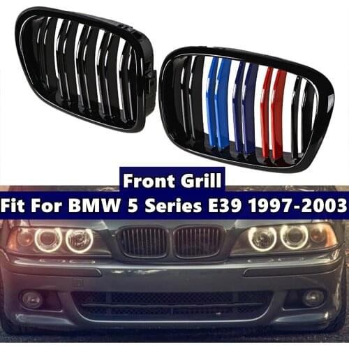 2Pcs Front Bumper Hood Kidney Grill M Sport Style Dual Slat Grilles For BMW 5-Series E39 1995-2004 Glossy Black