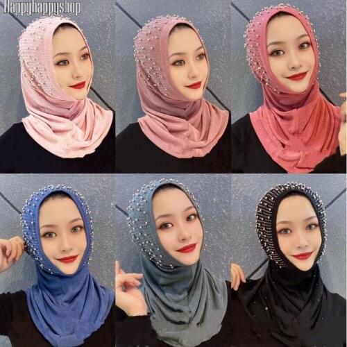 New Beading Shawls Instant Hijab Turban Cap Hat Muslim Head Scarf Islamic Headwrap Wedding Headwear For Women Dubai Fashion