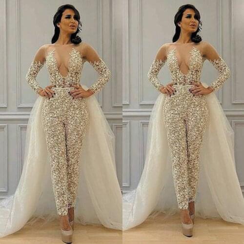 Modest Detachable Skirt Jumpsuit Wedding Dresses 2020 Lace Applique Long Sleeve Elegant Pant Suit for Women Vestidos Bridal Gown