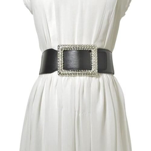 Rhinestone Buckle Wide Belt Women Trench Cummerbunds Coat Black For Dress Cowskin Gold Pin Buckle Waistbands Elastic Waistband