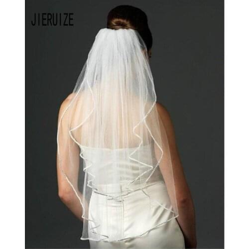 JIERUIZE Wedding Veils with Comb 2 Tiers Short Veils with Beading Elbow Length Bridal Veils with Comb Tulle Bridal Veil