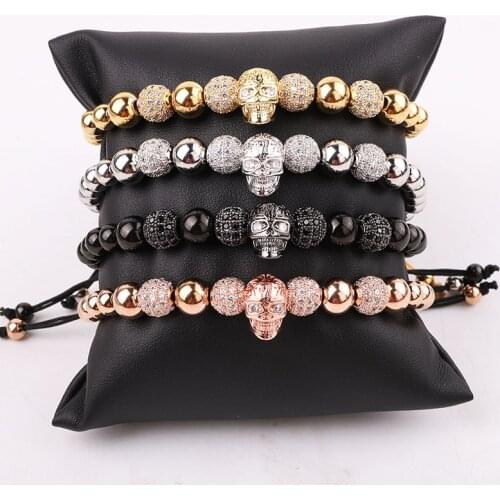 High Quality Luxury Men Jewelry Bracelet 8mm CZ Micro Pave Ball Skull Charm Adjustable Beads Macrame Bracelet