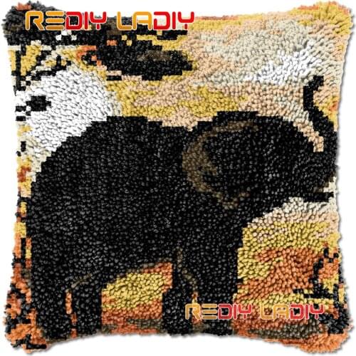 Latch Hook Cushion Sunset Elphant DIY Needlepoint Kits Chunky Acrylic Yarn Arts Crocheting Lofty Pillow Case Hobby & Crafts