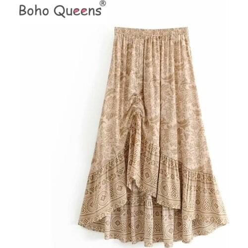 Boho Queens women Desert floral printed Drawstring Elastic Waist Bohemian Maxi skirts ladies rayon Asymmetrical boho skirt