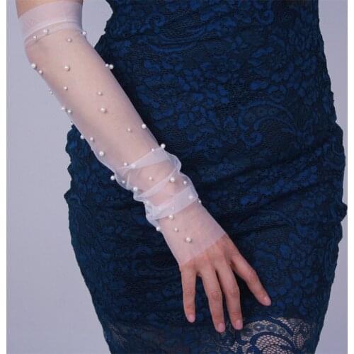 Womens elegant pearl beaded perspective long mesh gloves female white color sunscreen sexy fingerless lace glove R1255