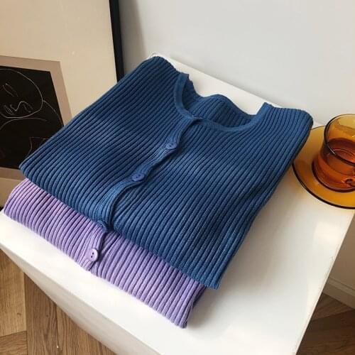 Spring Summer 2021 New Short Knitted Cardigan Women Round Neck Long Sleeve Slim Knit Sweater Solid Color Female Tops