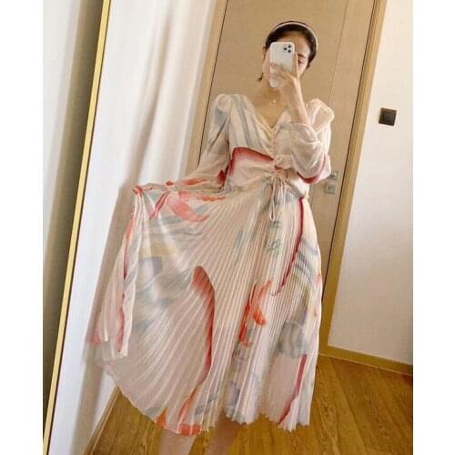 2020 spring and summer new fashion temperament V-Neck long sleeve printed pleated slim dress womens a166