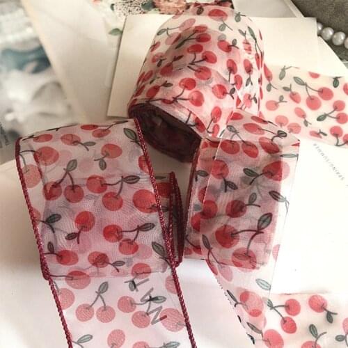 10Yards 60MM Cherry Printed Organza Lace Ribbon DIY Craft for Packing Bow Garment Sewing Accessory Childrens hairpin material