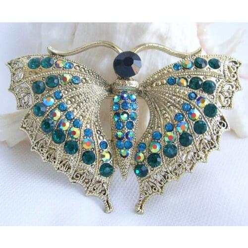 2.95" Blue Green Rhinestone Crystal Butterfly Brooch Pin SMT06621C4