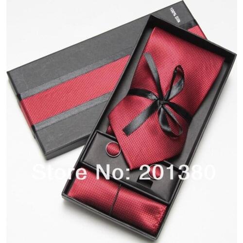 2019 red mens tie fashion men ties set cufflinks Handkerchief pocket square in box necktie packaging