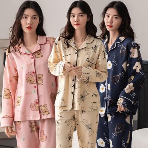 2021 Spring Autumn Long Sleeve Cotton Print Pajama Sets for Women Loose Sleepwear Suit Pyjama Homewear Pijama Mujer Home Clothes