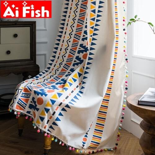 Bohemia Country American Colored Wool Ball Lace Bedroom Drapes Geometric Cotton and linen Kitchen Curtain Finished MY088#5