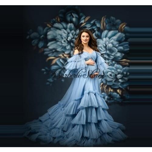 Elegant Blue Tiered Tulle Maternity Dress Off Shoulder Rulles A-line Pregnanty Women Gowns Long Baby Shower Dress Photo-shoot