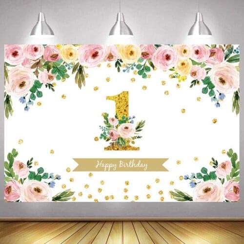 1st Photo Backdrop Gold Flower Girls Newborn Baby Happy Birthday Party Decoration Princess Photography Backgrounds Banner