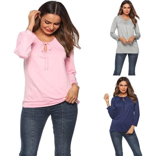 Autumn and Winter Foreign Trade Solid Color Round Neck Slim Wild Sexy Hollow Simple Sweet Fashion Casual Long-sleeved T-shirt