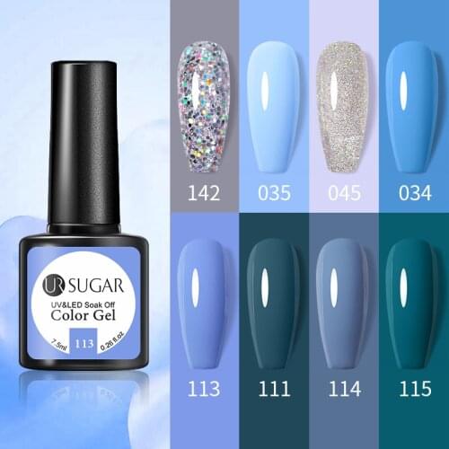 UR SUGAR 7.5ml Blue Glitter Gel Nail Polish Silver Sequins Gel Varnish Soak Off UV LED Gel Nail Polish Base Coat No Wipe Top
