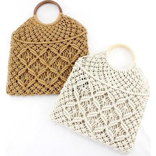 Popula Cotton Rope Hollow Straw Bag Sheer Macrame Tote wooden ring rattan handle Net Bag Vintage Retro Chic handbag