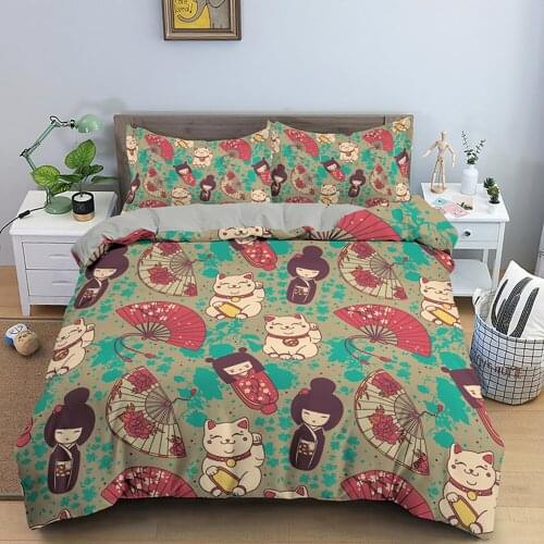 Japanese Doll Fan Printing Duvet Cover Muiltcolor Bedding Set Lucky Cat Queen King Size With Pillowcase Quilt Covers Home Decor