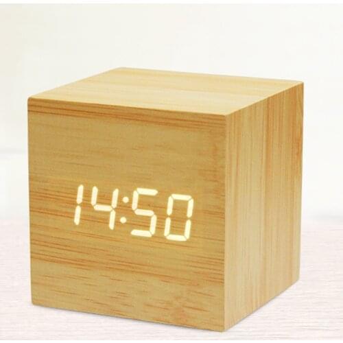 Mini Square Digital Wooden Clock Digital LED Electronic Alarm Clock Voice Control Luminous Creative Bedside Table Clock Students