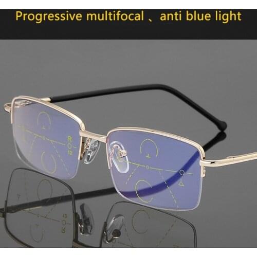 High Quality Progressive Reading Glasses Multifocal Men Women Anti Blue Light Magnifying Presbyopic Glasses Half Frame gold