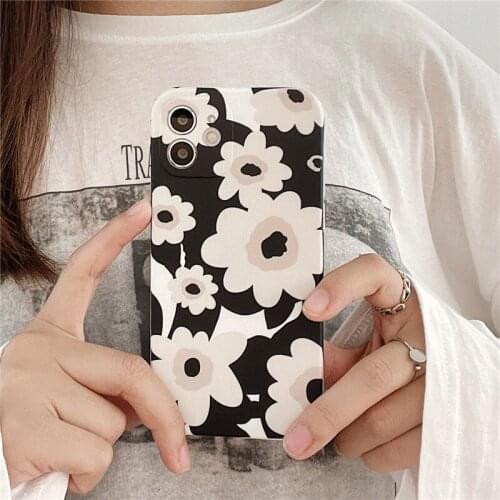 Fashion Black Flower Phone Case For iphone 12 Pro Max 11 X XS XR 7 8 Plus SE20 INS Popular Soft Back Cover Gift for Woman Girl