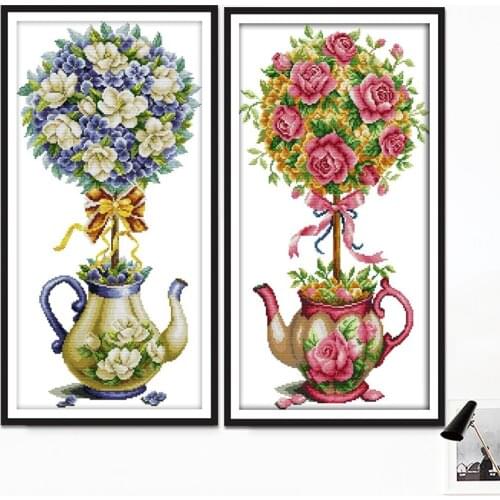 Joy Sunday Magnolia and rose teapot Cross stitch kit material package pattern Chinese embroidery embroidery decorations for home
