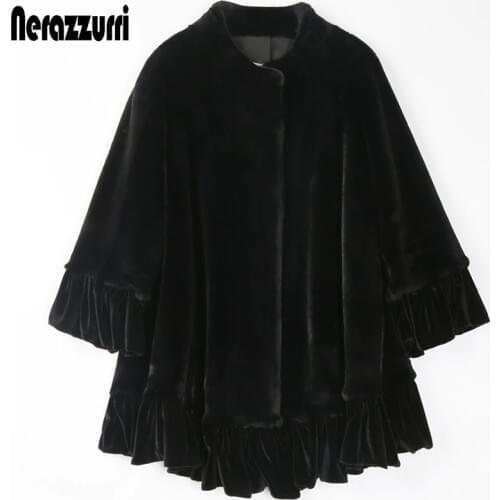 Nerazzurri Winter Black Velvet Patchwork Faux Fur Jacket Women Raglan Sleeve Stand Collar A line Loose Warm Soft Korean Fashion