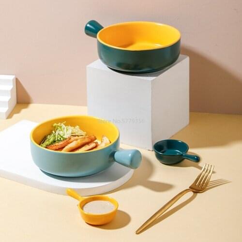 Nordic Creative Color Matching Ceramic Bowl Color Glaze Baked Rice Single Handle Bowl Oven Microwave Oven Special Household Bowl