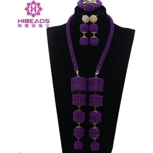 New Purple Bridal Crystal Jewelry Sets Nigerian Wedding African Beads Jewellery Sets Pendant Statement Necklace WE064