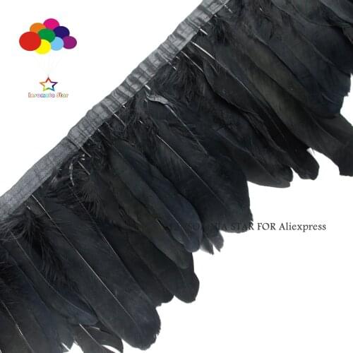 Dyed black Goose Feathers 2 Meter Fringe Trim with Satin Ribbon Tape 6-8 inch