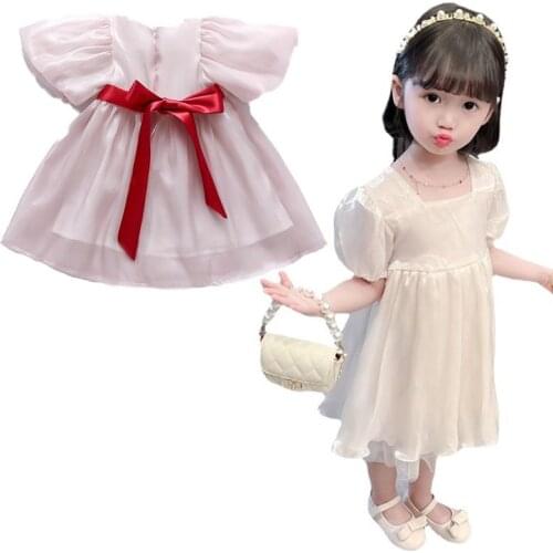 Girls Dress Casual Short Sleeve Bow Dress Wedding Birthday Party Girls Bubble Sleeve Dress Dress Childrens Clothing Childrens