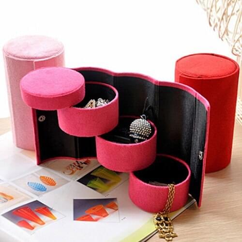 Portable 3 Tiers Compartment Cylinder Lint Roll Up Jewelry Box Case Organizer Holder