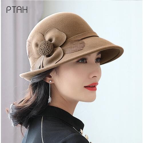 [PTAH] 2021 Fedoras Hats For Women Wedding Hat Temperament Elegant Church Autumn Winter Flower Hats Caps 100% Wool High Quality