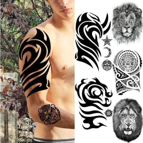 Realistic Large Tribal Totem Temporary Tattoos For Men Adult Lion Maori Fake Tattoo Thigh Waterproof Half Sleeve Tatoos Sticker
