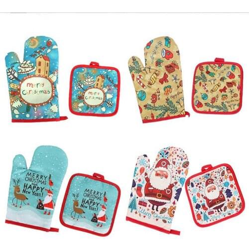 Christmas Baking Gloves Pad Anti-Hot New Year Natal Oven Dining Xmas Party Decoration Supplies BBQ Kitchen Mat 2pcs/set