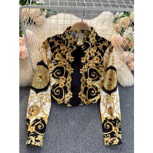 Spring and Autumn New Bohemian Retro Lapel Loose and Thin Trend Printing European American Shirt UK766