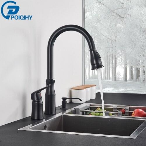Black Pull Out Kitchen Faucet Deck Mounted Dual Hole Bathroom Kitchen Mixers Single Handles Kitchen Sink Tap Hot Cold Water