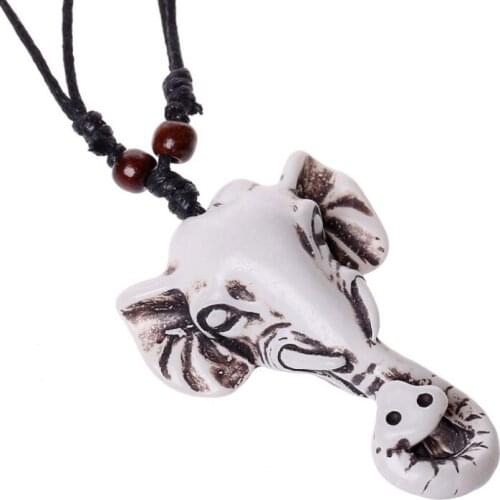 Vintage Retro Elephant Pendant Long Necklace Black Wax Cords Adjustable Resin Charms Statement Chain Fashion Men Women Jewelry