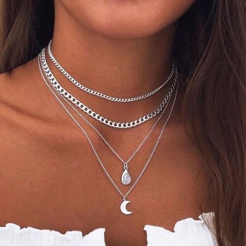 Vintage Multilayer Water Drop Crystal Moon Pendant Necklace Women Thick Chain Geometric Clavicle Necklace Jewelry Kolye YN1547