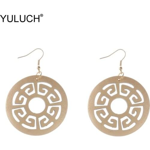 YULUCH Vintage Gold Round Chinese Style Wooden Hollow Statement Dangle Earrings 2019 Big Fashion Drop Pendant Earrings For Women