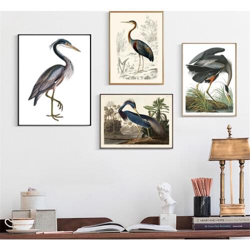 Purple Heron Bird Vintage Print Bird Poster Retro Wall Art Canvas Painting Heron Bird Picture for Living Room Home Decoration