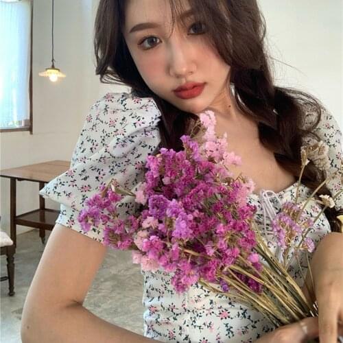 Floral Print Ruffles Cropped Blouse Women Tie Short Sleeve Sexy Short Tops Square Collar Summer Shirts Blouses