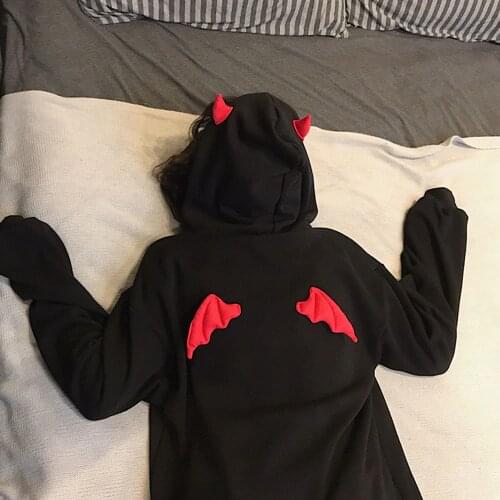 Devil Horn Hoodie Streetwear Gothic Hooded Hoody Women Loose Black Pollovers Sweatshirts Oversized Harajuku Cute Clothes Fleece
