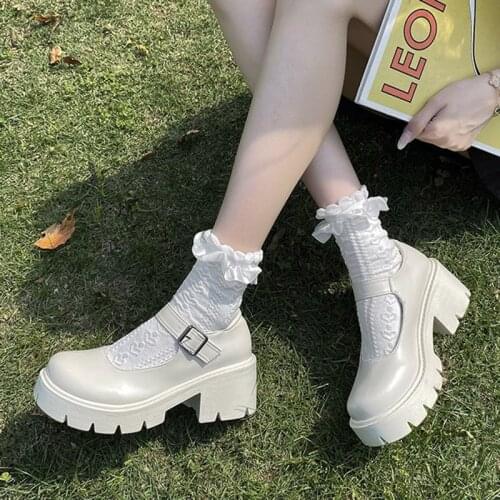 Women Mary Janes Shoes Platform High Heels Casual Shoes White Lolita Shoes Thick Sole Buckle Strap Girls Princess Shoes 9162G