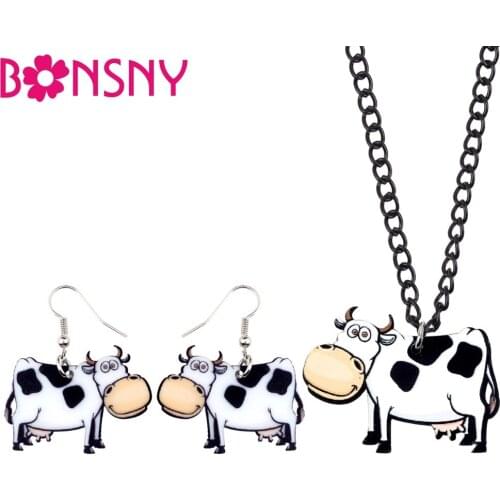 Bonsny Acrylic Smile Milk Cow Dairy Cattle Earrings Necklace Chain Collar Anime Animal Jewelry Sets For Women Girls Teens Gift