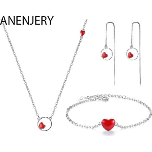 ANENJERY 925 Sterling Silver Simple Jewelry Sets 4 style Red Heart Necklace+Earrings+Bracelet For Women Girl Gift