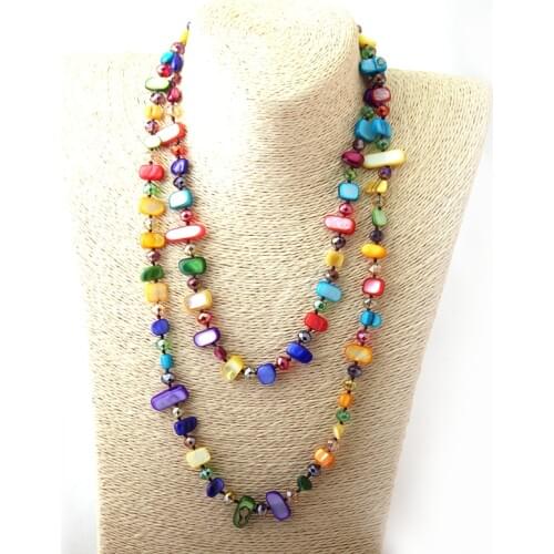 Free Shipping Fashio Long Knotted Halsband Rainbow Color Crystal and Shell Necklace