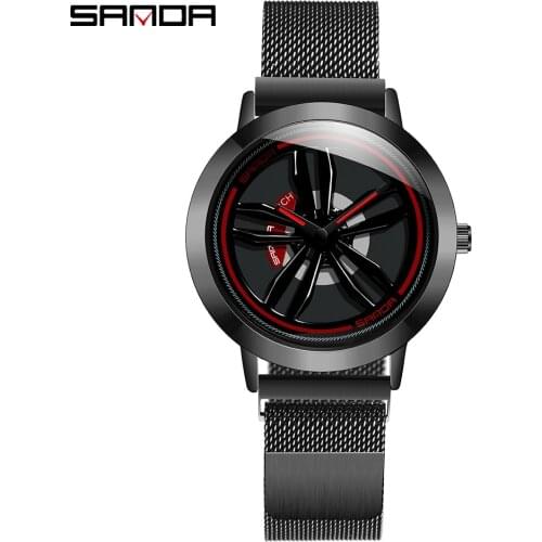 Sanda Sport Car Wheel Wristwatch Men Watch Rotaing Dial Quality Steel Mesh Belt Creative Watches Male Military часы мужские 2020