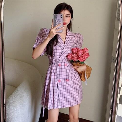 Lapel Double-Breasted Suit Dresses Collect Waist Checked Dress A-Line Skirt Female Temperament Show Thin Mini Short Puff Sleeve