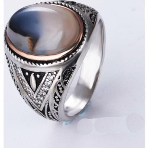 Real 925 Sterling Silver & natural decorative agate Stone men Vintage ring rings Turkey Jewelry wedding gift A4498
